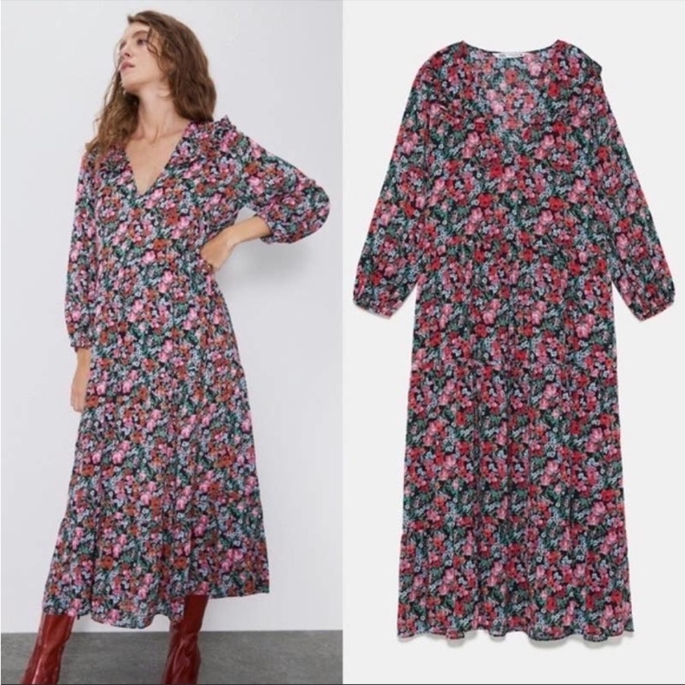 Zara floral ruffled V neck oversized midi dress - Picture 5 of 16
